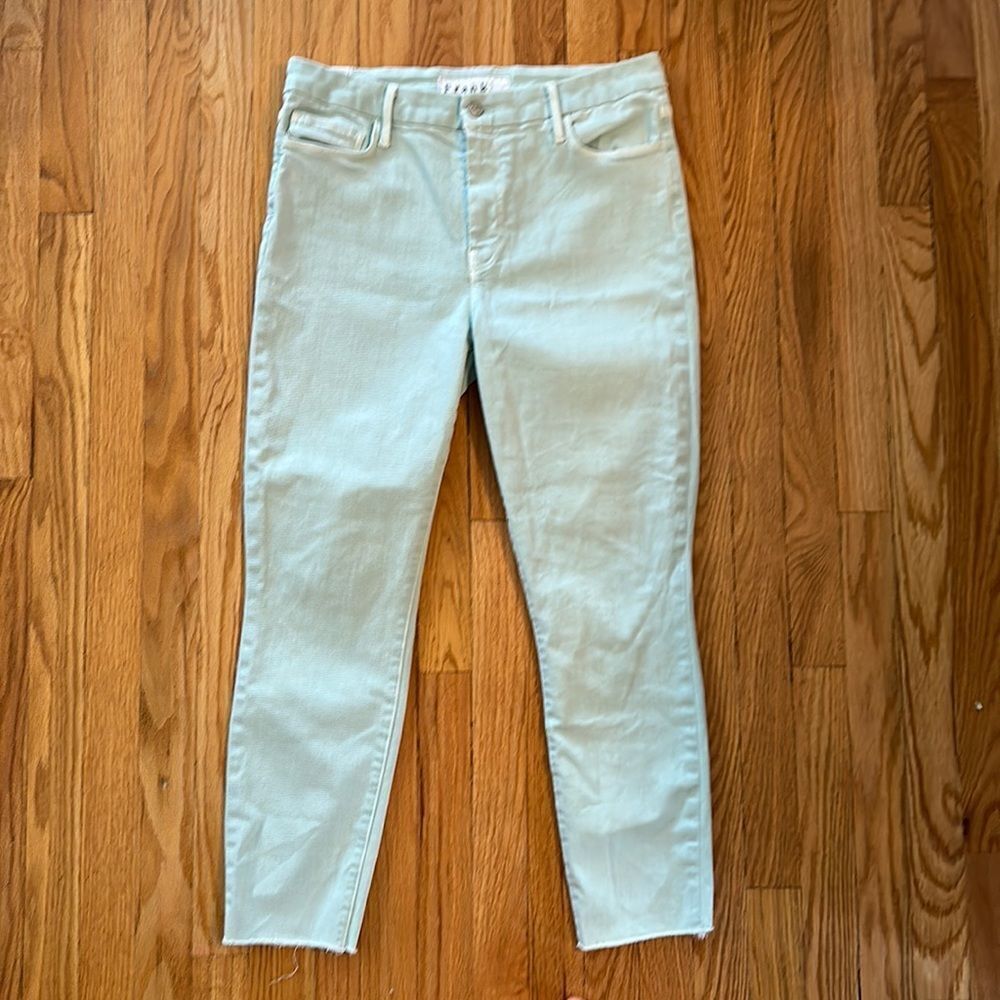 Frank & Eileen sz 32 turquoise zip fly raw edge jeans great pre owned condition